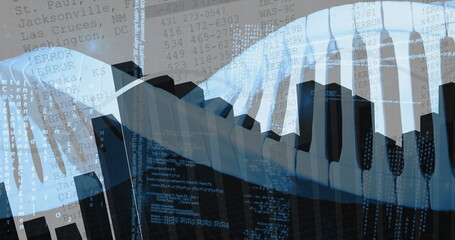 Curving central ribbon displaying alternating blocks in abstract digital space, with code overlays