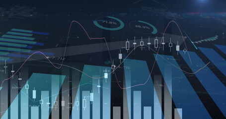 Displaying chart at trading dashboard, with blue bars, white candlesticks and turquoise charts