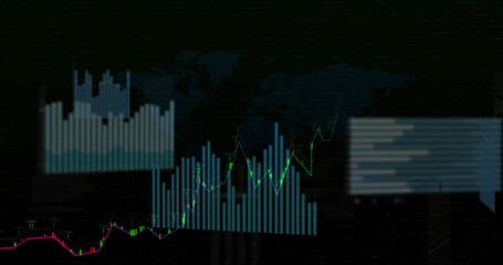 Displaying trading dashboard showing two-tone bars and neon line graphs over map with blurred panel