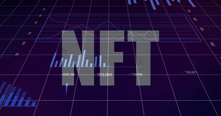 Displaying semi-transparent NFT floating over 3D grid dashboard, with bar charts and line graphs