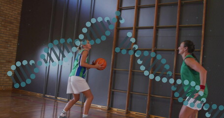Dribbling athlete in jersey bouncing orange basketball on gymnasium court, wall bars, DNA overlay