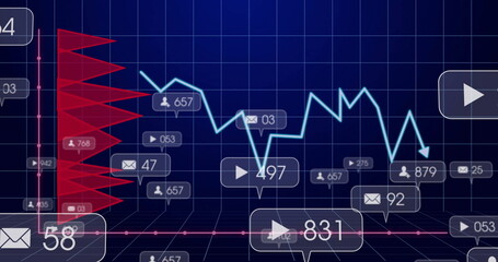 Displaying blue fluctuating line chart on dark grid UI with red bars and numbered icon callouts