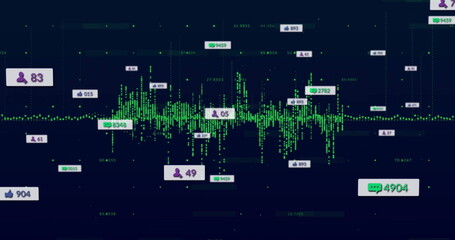 Displaying data analytics dashboard on navy grid interface, with green waveform and metric labels