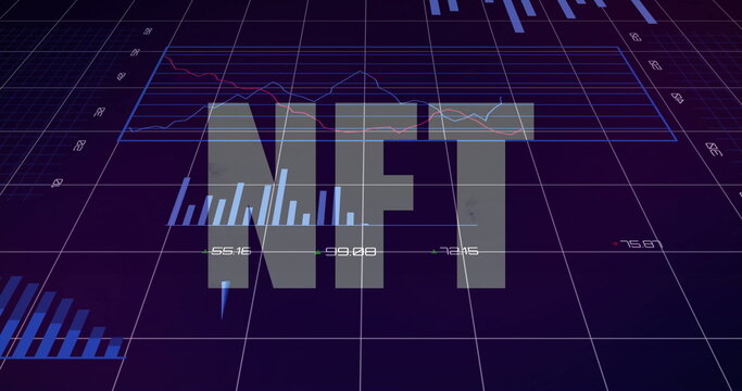 Displaying semi-transparent NFT floating over 3D grid dashboard, with bar charts and line graphs