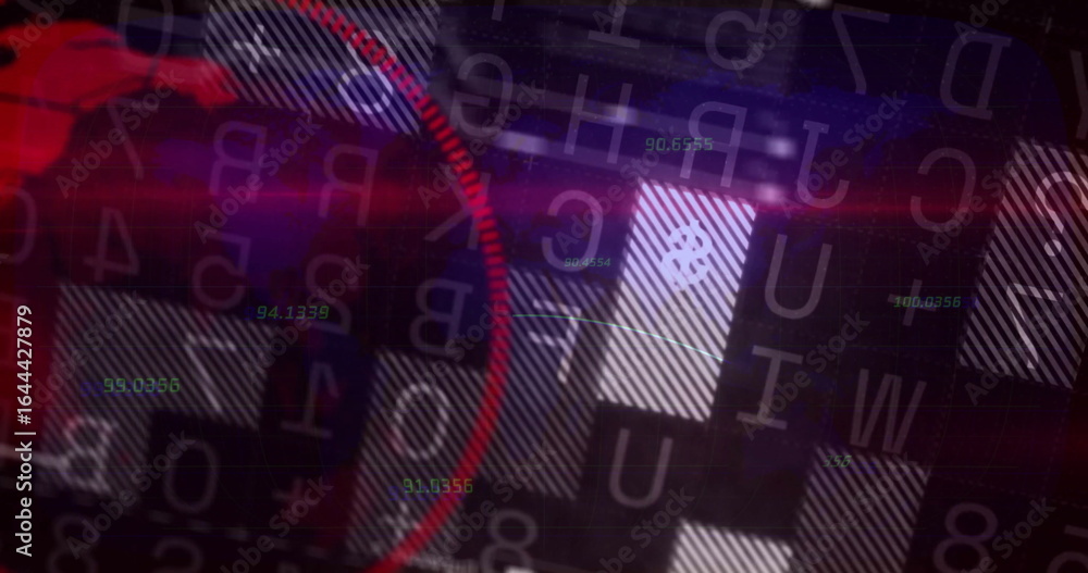 Poster displaying data on striped grid, with floating letters green numbers, red arc, purple-red streaks