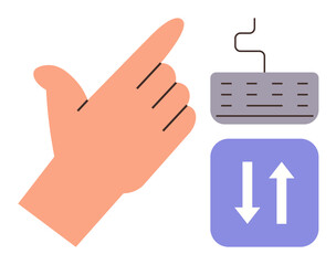 Hand snapping gesture beside a keyboard and command arrows, representing remote control, automation, or shortcuts. Ideal for productivity, workflow, commands, efficiency, innovation interaction