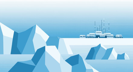Minimalist illustration of an antarctic research station amidst icy landscape scenes