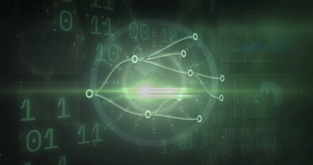 Displaying circular nodes connecting with lines around center glow in interface, digits and graphs