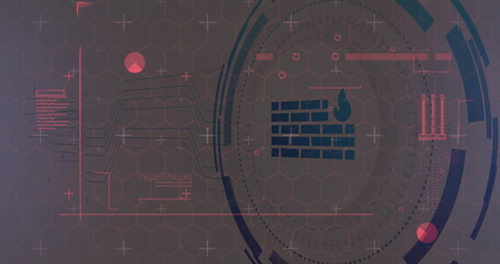 Displaying firewall icon overlaying hex grid at security console, with line graphs and bar charts