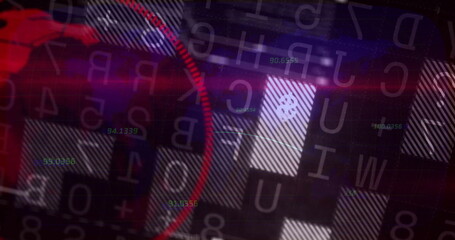 Displaying data on striped grid, with floating letters green numbers, red arc, purple-red streaks