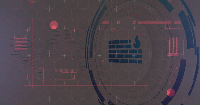 Displaying firewall icon overlaying hex grid at security console, with line graphs and bar charts