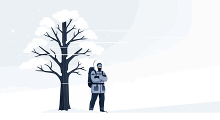 Obraz premium Minimalist winter scene featuring a lone hiker standing by a snow-covered tree