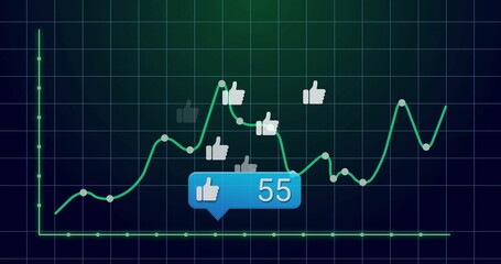 Displaying green line graph on analytics dashboard, with thumbs-up icons and tooltip showing 55
