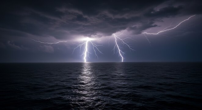 漆黒の海に輝く稲妻 神秘的夜空のドラマ (Shikkoku no umi ni hikaru inazuma shinpiteki yozora no dorama) Translation: Shining lightning bolts over a pitch-black sea; a mysterious nightscape drama.. AI Generated