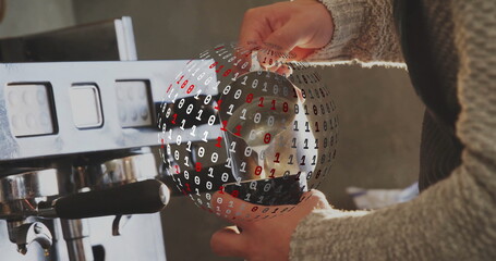 Barista wearing gray sweater steaming milk with steam wand in cafe, with binary code overlay