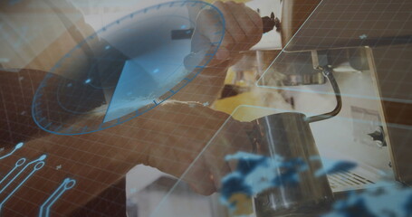 Placing barista inserting portafilter into espresso group head at café counter, with holograms