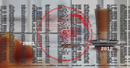 Displaying tall glass of pink smoothie with straw on studio tabletop, red circle and code overlay