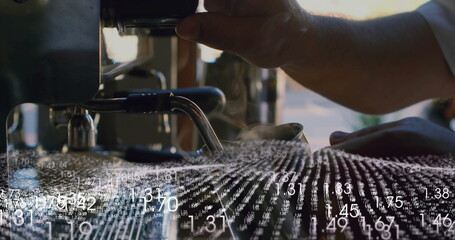 Inserting portafilter, barista aligning under espresso head at coffee bar, with digital overlay