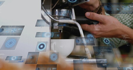 Operating portafilter, barista in green shirt pouring espresso on cafe countertop, with digital UI