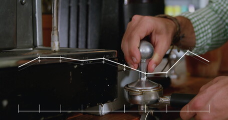 Tamping barista hands pressing portafilter on wooden counter under espresso head measurement lines