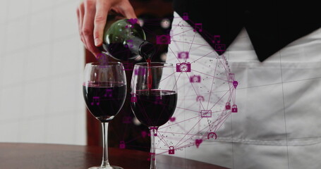 Pouring server in apron serving red wine from bottle into glasses at bar with purple overlay