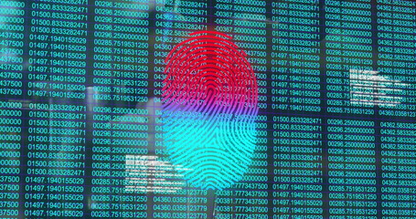 Displaying stylized fingerprint graphic overlaying code columns on security interface, grid lines
