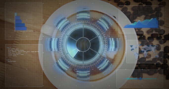 Showing white ceramic cup on desk, with latte foam swirl, dark roast coffee beans, digital overlays