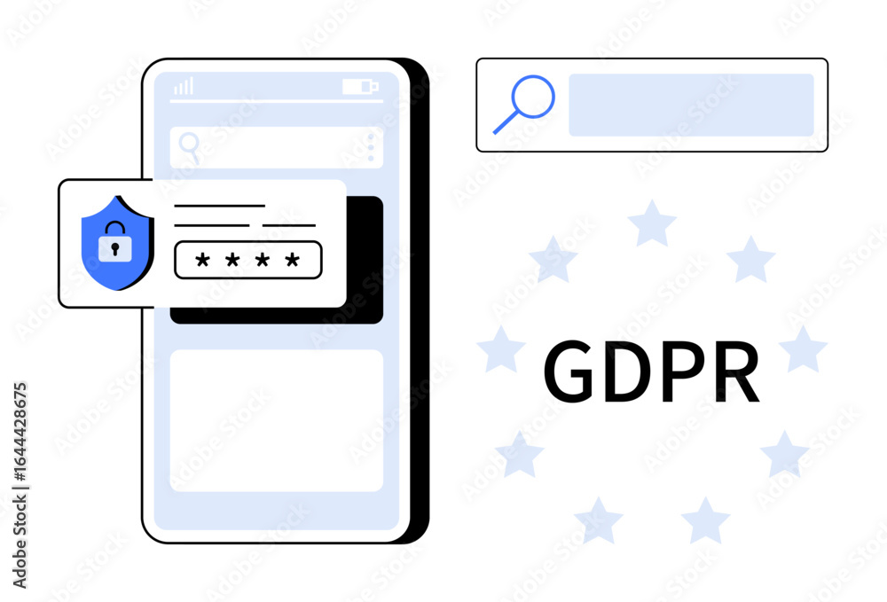 Poster mobile phone with secure login shield icon and password field, gdpr text and search bar. ideal for d