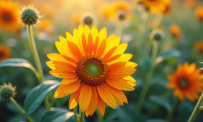 Naklejka premium Vibrant sunflower in a sunny field