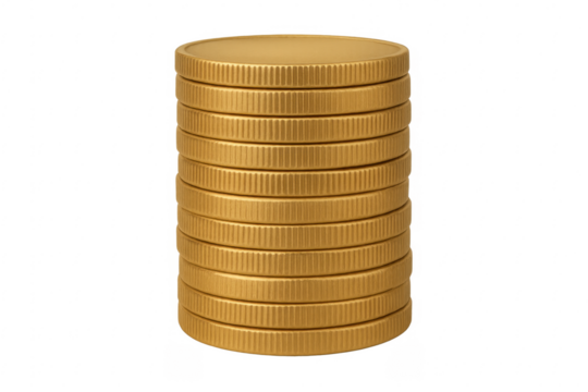 Stack of gold coins forming a cylinder on transparent background