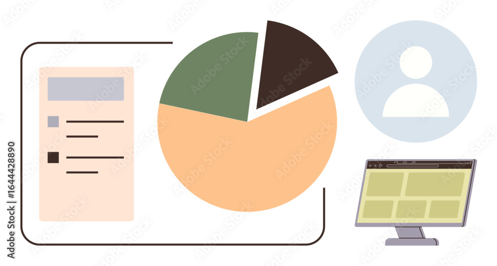Poster pie chart beside user icon and monitor screen displaying interface layout. ideal for data visualizat