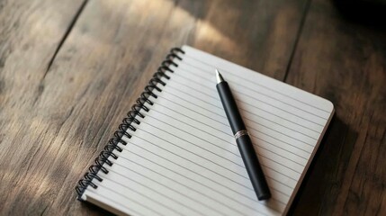 Naklejka premium Blank Notebook, Pen, Wooden Table