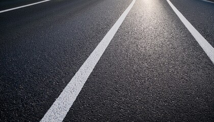 a close up shot of asphalt road with white lane markings