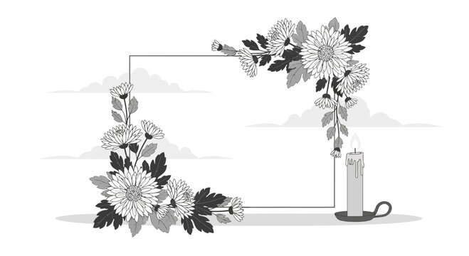 Monochrome Sympathy Frame with Chrysanthemums and Candle for Remembrance and Condolences