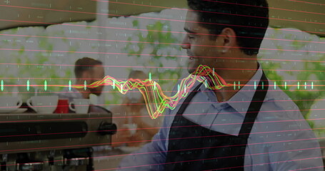 Featuring male barista wearing apron pulling espresso at cafe, with chart overlay, copy space