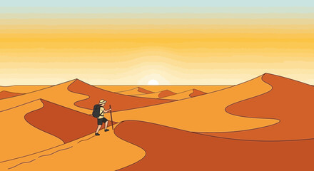 Fototapeta premium Lonely adventurer trekking across the vast desert sand dunes towards the setting sun