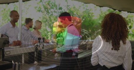 Handing barista in white shirt black apron serving steaming coffee at cafe counter, glass partition