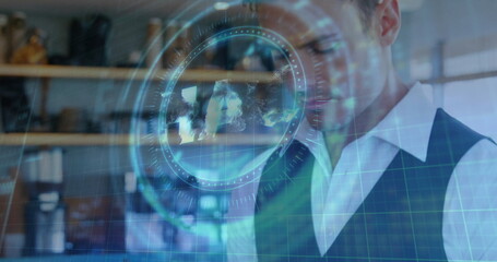 Interacting businessman navigating holographic world map interface in furnished office, copy space