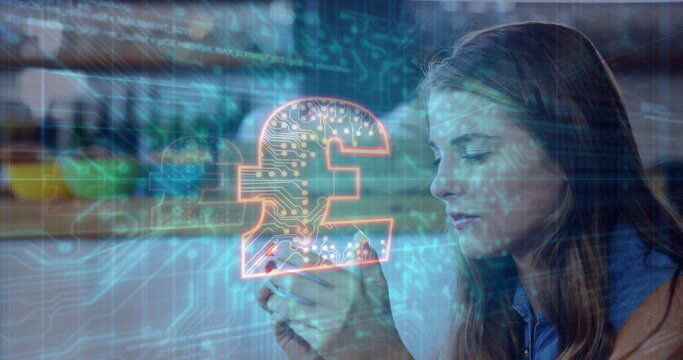 Holding woman examining smartphone in home office with circuitry and neon pound symbol, copy space