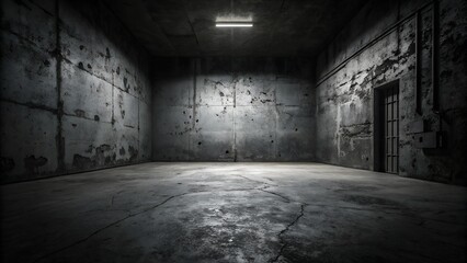 The image shows a stark, empty room with concrete walls and floor, lit by a single fluorescent