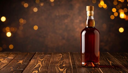 Whiskey bottle mockup amber liquid wooden table bokeh background cork stopper glass bottle