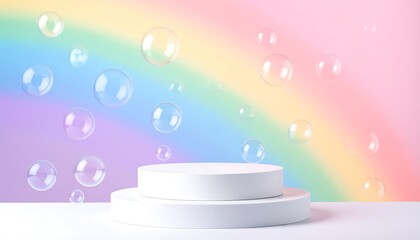 White cylindrical podium with transparent bubbles floating against a pastel rainbow gradient background