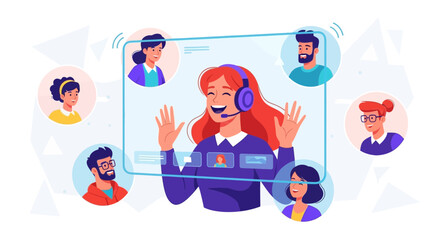 Online virtual meeting illustration with smiling woman and colleagues sharing ideas and collaborating remotely using conferencing application