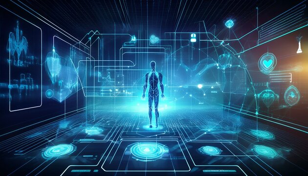 digital healthcare and network connection on holographic screen