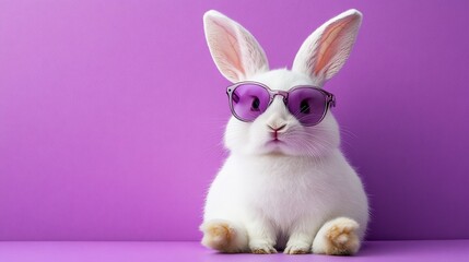 Fototapeta premium White rabbit, sunglasses, purple background. Cute, stylish pet