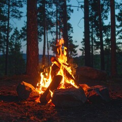 Campfire in the woods at dusk