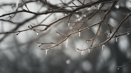 A close-up of bare branches adorned with icicles, set against a blurred, frosty background, evoking a serene winter atmosphere.