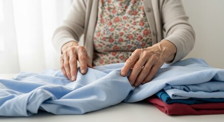 Obraz premium 穏やかな光差し込む部屋で丁寧に衣類を畳む高齢女性の手. AI Generated