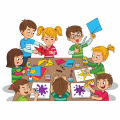 Cartoon Cheerful Children Creating Artwork Together at Table Illustration
