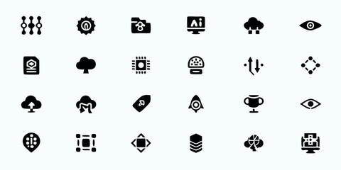 AI Development & Training Line Art Vector Icons — Model Training, Neural Networks, Data Science, AI Deployment, and Machine Learning Workflow Symbols

